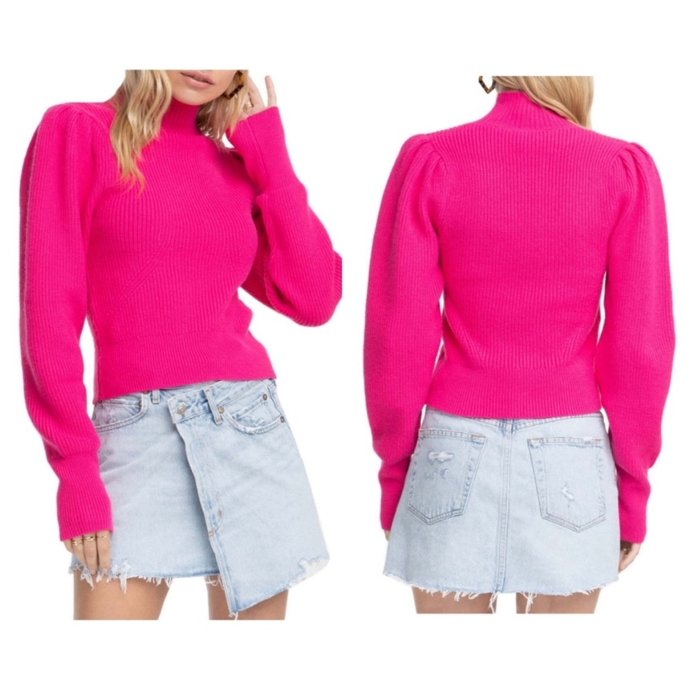 Astr Mock neck puff sleeve sweater hot pink small